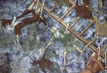 Syndare släpade av demoner, detalj av målningen med himmelsstegen, kyrkans norra vägg, ca 1601